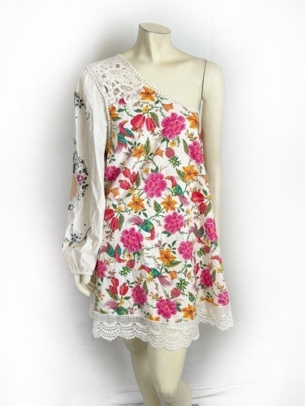 FARM Rio One-Shoulder Cream Floral Mini Dress with Pink & Green Accents - Picture 5 of 15